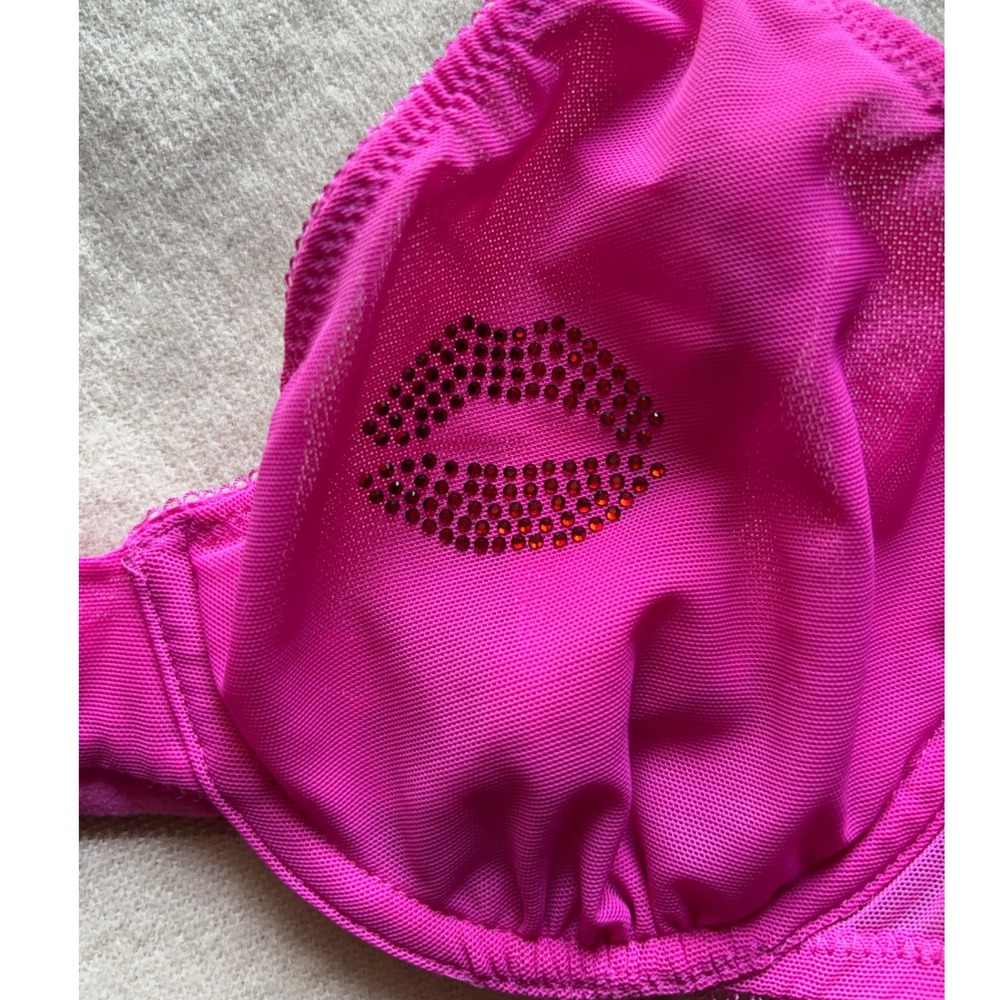 Victorias Secret Pink Unlined Mesh Rhinestone Lips Shine Strap Bra 34C 11258816
